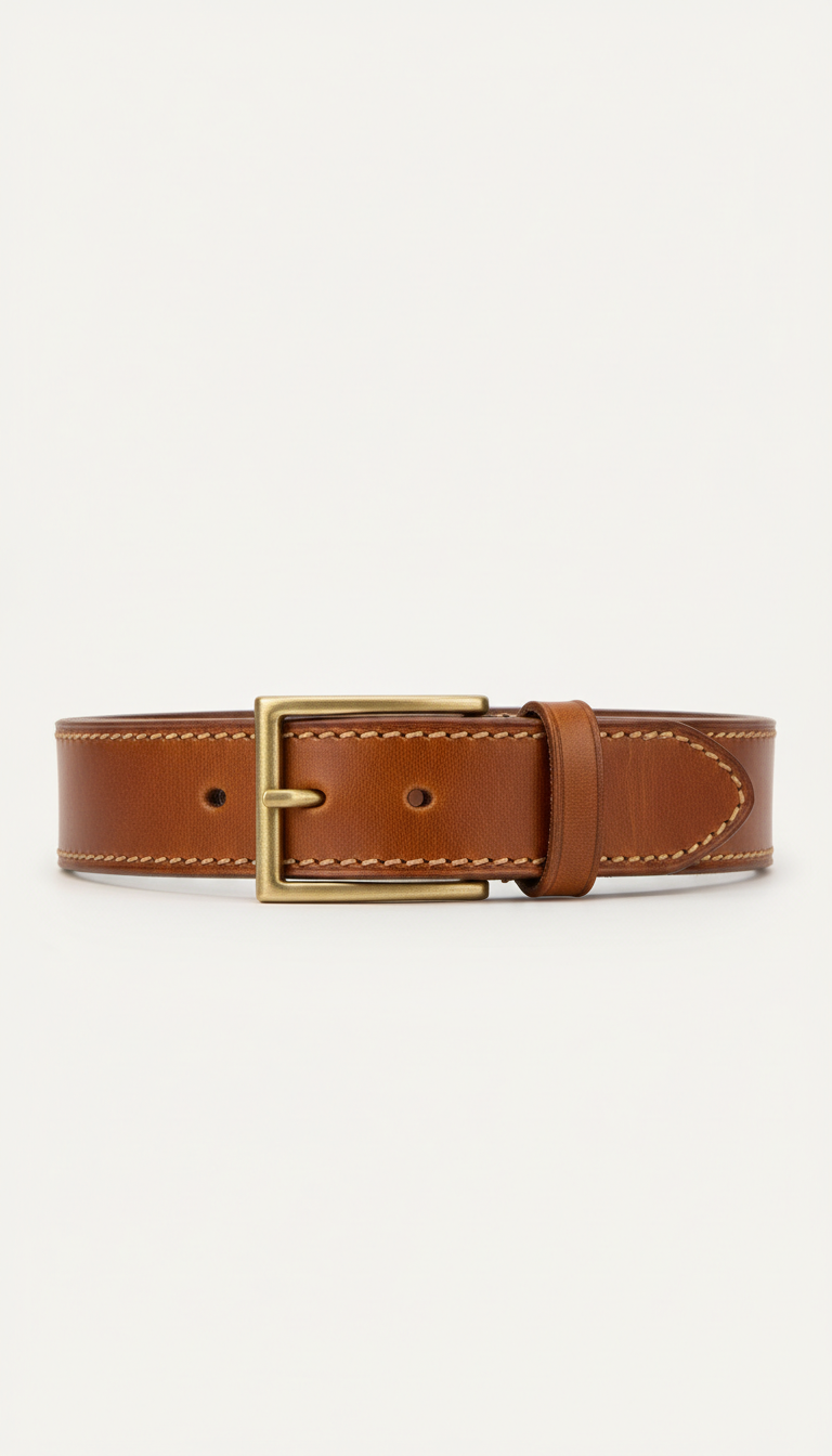 Hand-Stitched Leather Belt Brass Buckle