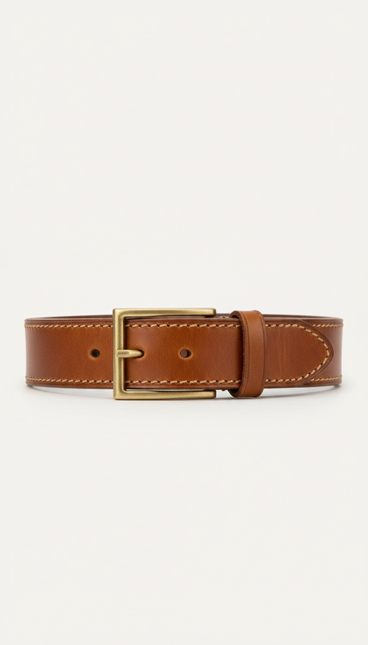 Hand-Stitched Leather Belt Brass Buckle